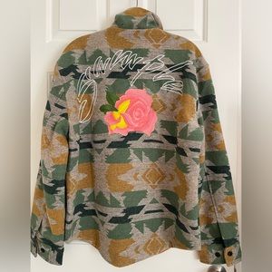Sample Brand flannel zip up jacket with rose embroidered on back size large